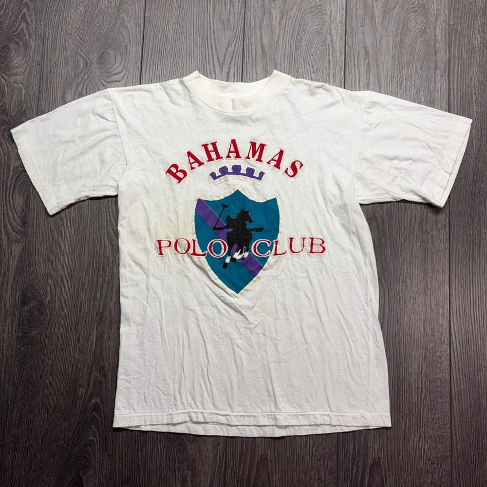 Vintage Bahamas Polo Club 1980s White T shirt Medium Thin Single Stitch